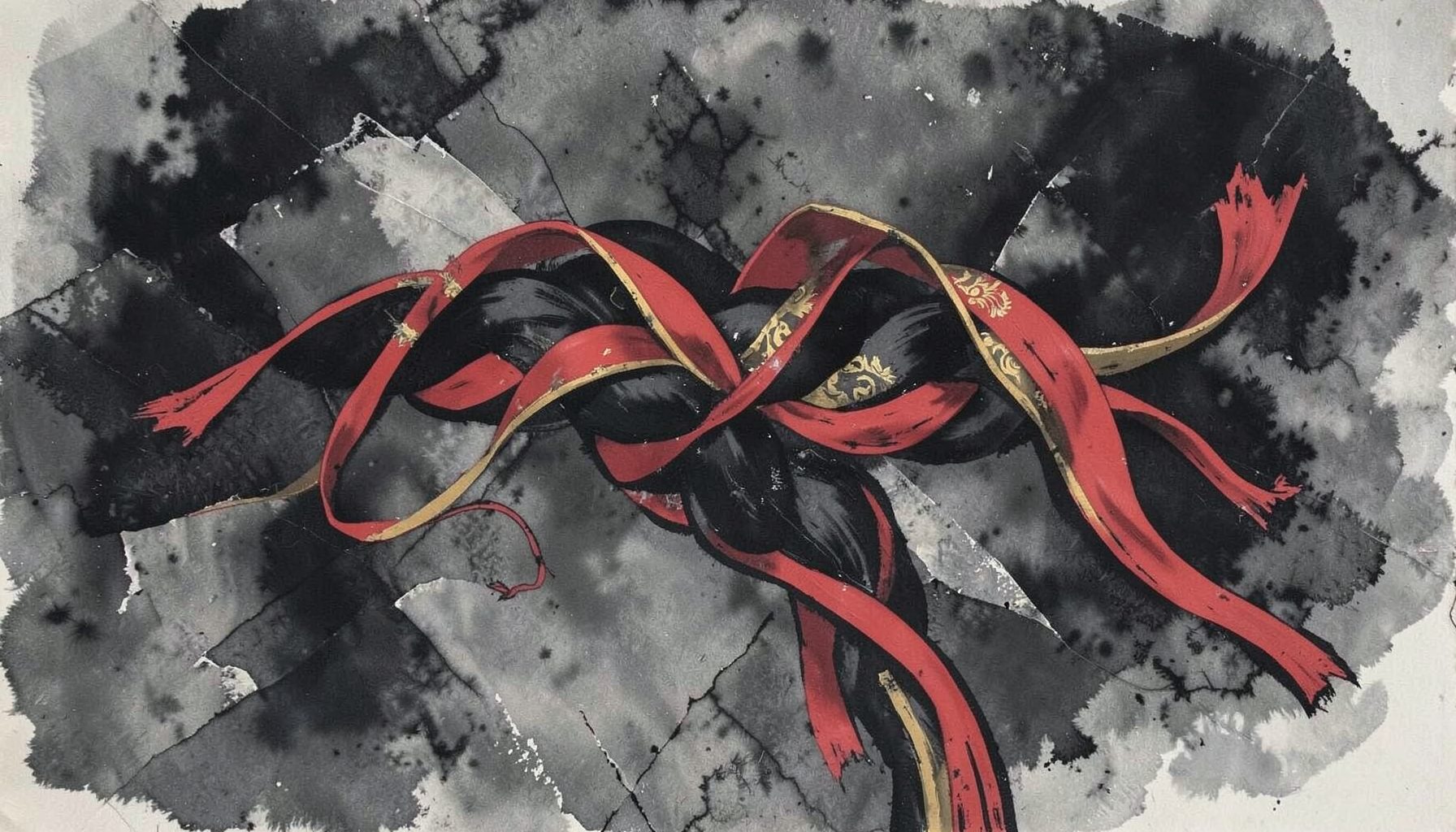 Pintura mate al gouache de una trenza oscura adornada con cintas rojas y doradas sobre un fondo abstracto en tonos grises y ocres, evocando el estilo de Annie Cresta.