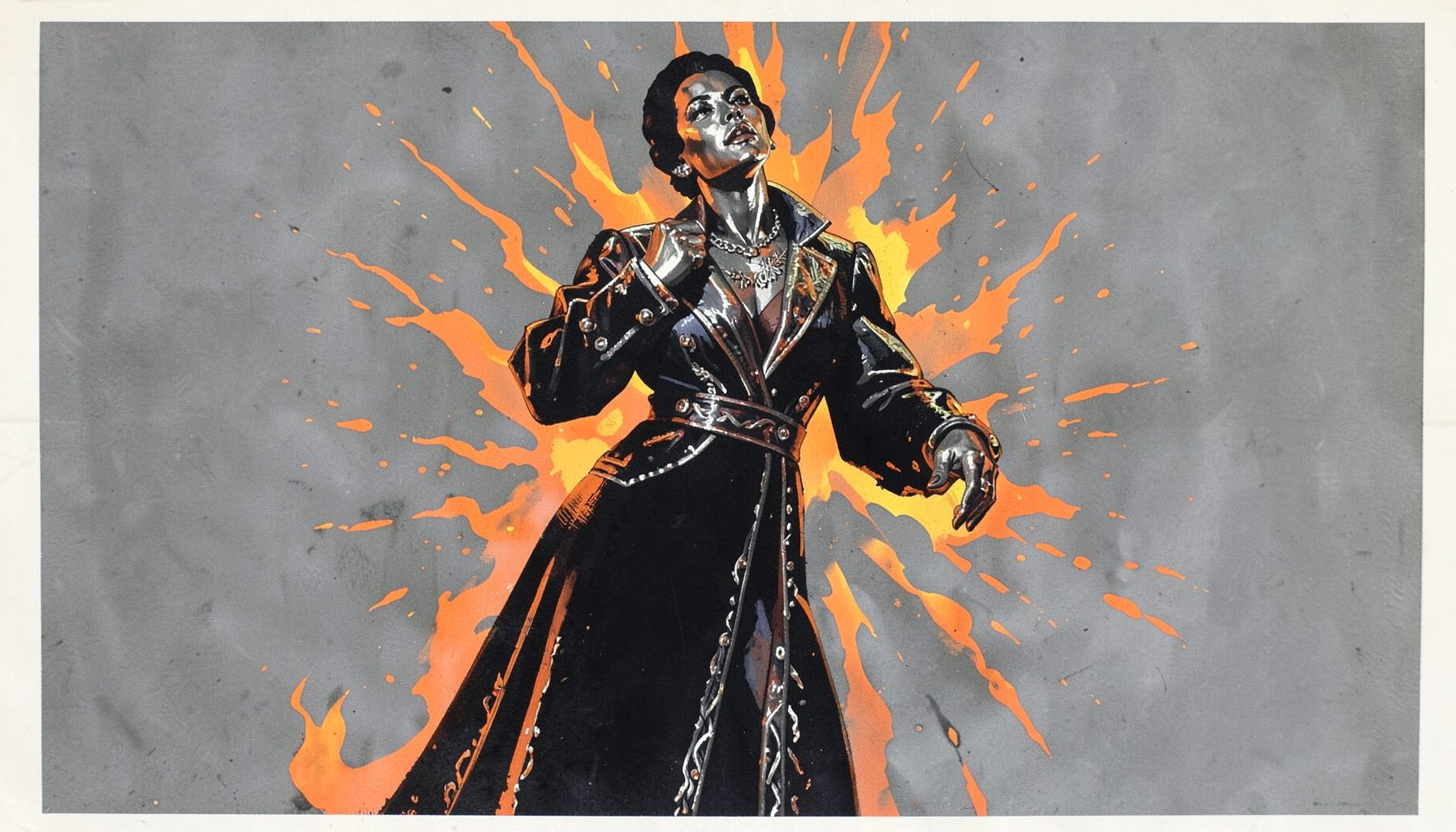 Pintura mate al gouache de un traje oscuro con detalles metálicos y llamas estilizadas en los bordes, sobre un fondo de carbón y ceniza.