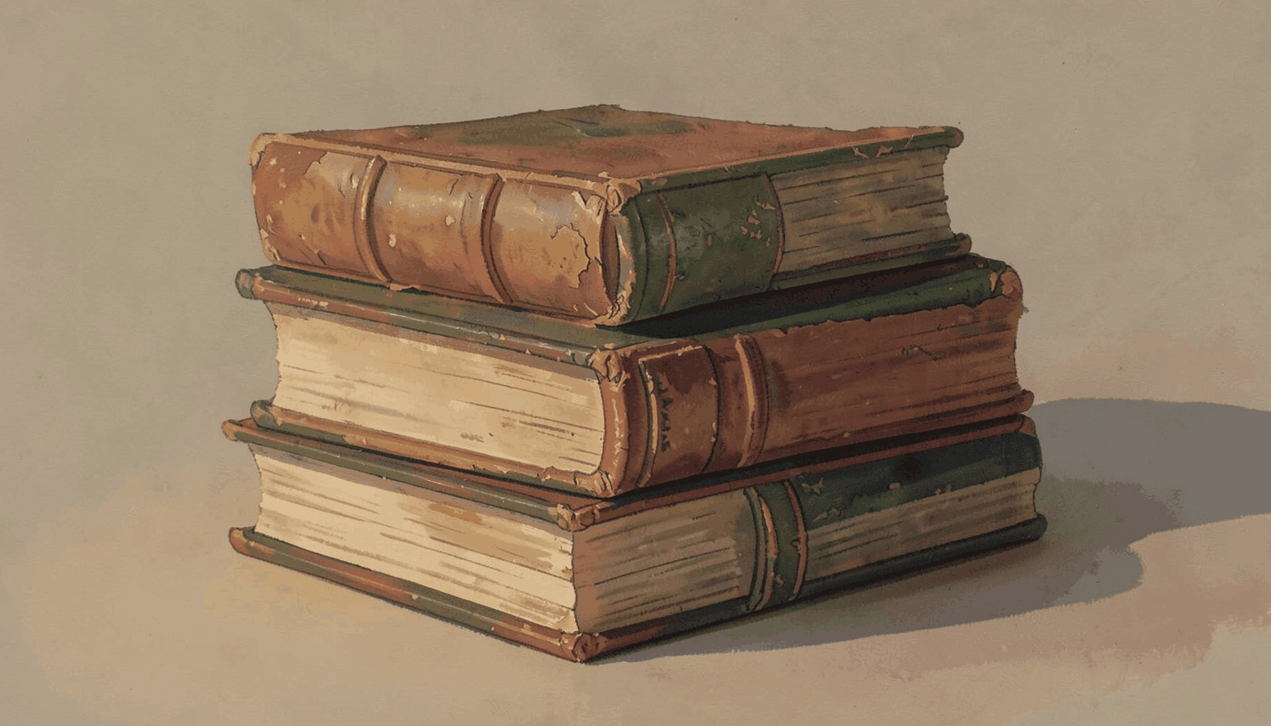 Pintura mate al gouache de una pila de libros antiguos con lomos desgastados en tonos marrones, verdes y dorados, iluminados por una luz cálida.