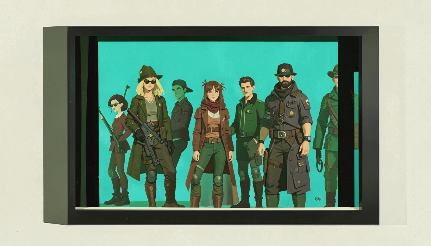 Pintura mate al gouache de una pantalla que muestra personajes de estilo Sims con ropa inspirada en una distopía, rodeados de elementos del universo de Los juegos del hambre, en tonos cálidos y oscuros.