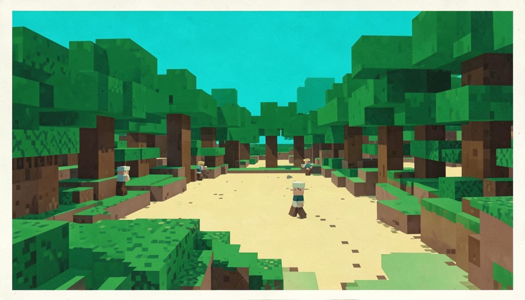 Pintura mate al gouache de un paisaje pixelado estilo Minecraft con bloques verdes y marrones, que representa una arena de Los juegos del hambre.