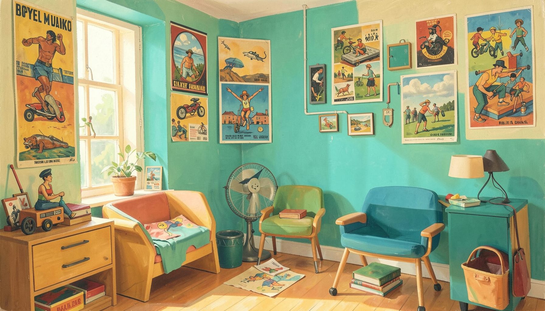 Pintura mate al gouache de una habitación juvenil decorada con pósters y objetos de colección en tonos cálidos, con una atmósfera acogedora de fan.